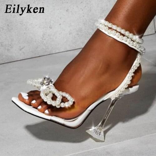 Eilyken Elegant Wedding Bride Shoes Women Fashion Pearls Bowtie Summer Square Toe Sandals PVC Transparent Crystal Perspex Heels