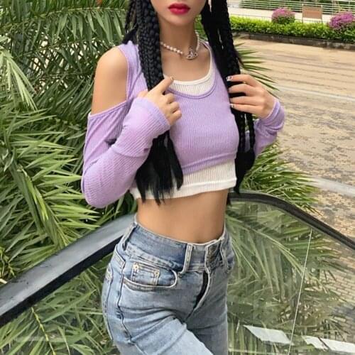 Knitted Patchwork Cold Shoulder T Shirts Women Y2k Tops Vintage Long Sleeve Slim Cropped Tee 90s Aesthetic Hot Girl Streetwear