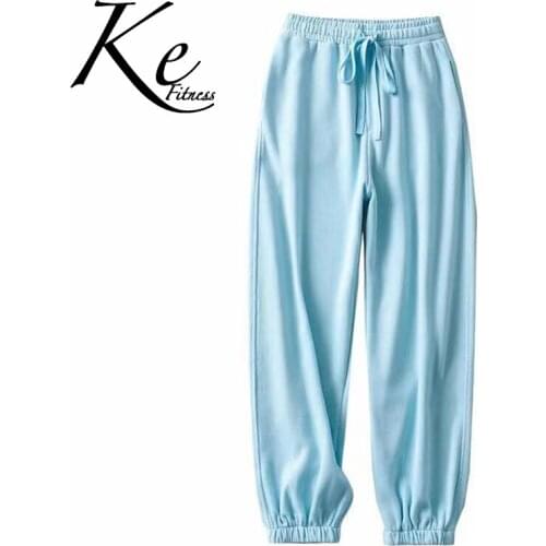 KE gray blue beamed feet loose fitness sports all-match casual knitted pants elastic waist tie dance pants women