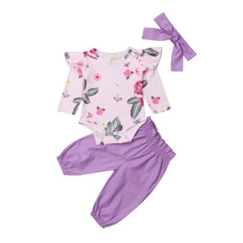 Newborn Infant Baby Girl Flower Romper Tops Long Pants Headband 3Pcs Outfit Clothes Size 0-24M