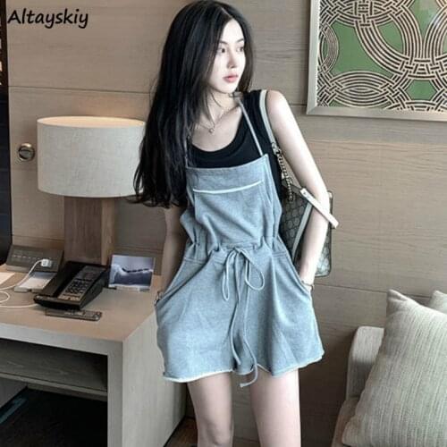 Rompers Women Gray Solid New Lace Up Adjustable Waist Sleeveless Summer Simple Sexy Leisure Joggers Loose Combishort Feminino