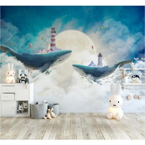Xuesu Creative hand-painted sky White cloud whale Children room wallpaper sofa bedroom custom mural 8D waterproof wall cloth
