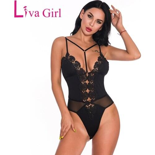 LIVA GIRL Woman Sexy Lace Hollow Out Bodysuit 2021 Summer Bedtime Solid Underwear Female Sling Mesh Bodycon Jumpsuit S-L