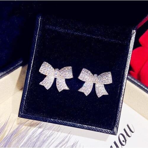 Trendy Korean temperament simplicity Fashion Women Full Cubic Zirconia Inlaid Bowknot Ear Stud Earrings Jewelry Gift