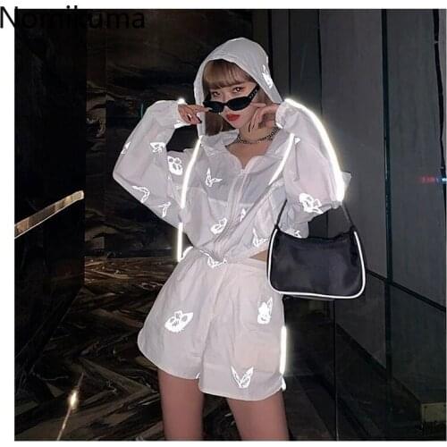 Nomikuma Summer Women Sun Protection Short Sets Korean Butterfly Reflection Suits Hooded Cardigan Coat Two Pieces Outfits 6H285