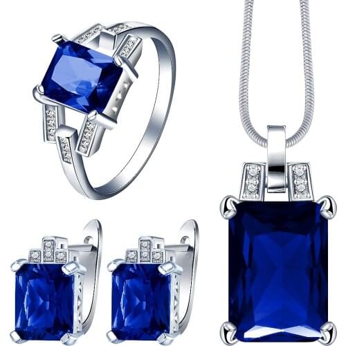 New fashion women engagement crystal necklace earring ring Luxury lady suit Silver color royal blue cz zirconia jewelry set