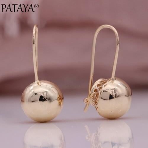 PATAYA New Small Spherical Hollow Dangle Earrings 585 Rose Gold Glossy Long Earrings Women Unique Party Wedding Fashion Jewelry