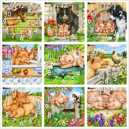 Dpsprue Full Diamond Painting Cross Stitch With Clock Mechanism Mosaic 5D Diy Square Round Animal Pig 3d Embroidery Gift HG201