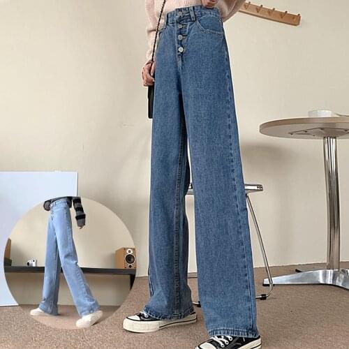 Casual Women High Waist Button Wide Leg Trousers Pockets Solid Color Pants Jeans