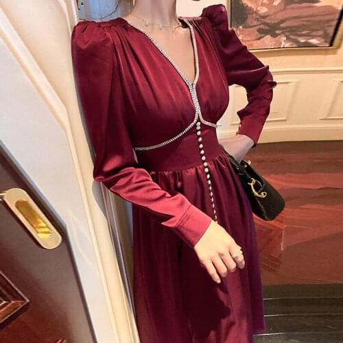 Retro Burgundy Rhinestone Shine Party Dress 108cm Length Women V-neck Slim Asia Dresses