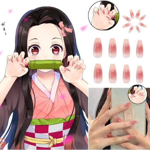 Demon Slayer Cosplay Kimetsu No Yaiba Kamado Nezuko Pink Fake Nail Artificial False Nails Cosplay Nezuko Prop Costume Accessory