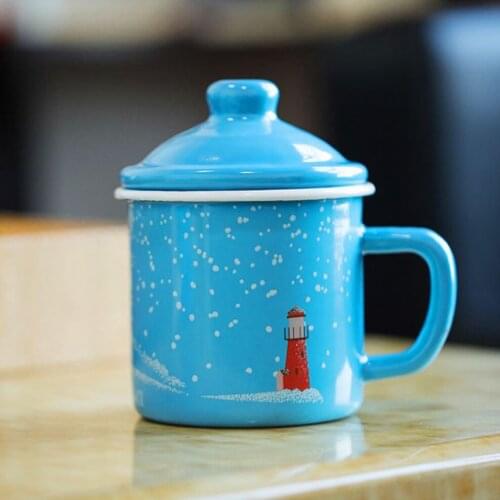 ENERGE SPRING Enamel Cup 9CM Caliber Coffee Cup With Lid Mug Classic Office Teacup Tea Mug Thick Old-Fashioned Water Cup