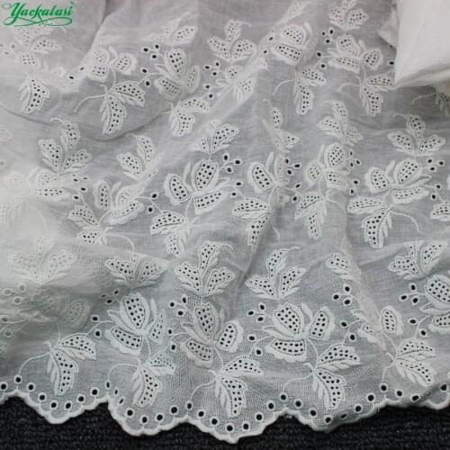 YACKALASI 100% Cotton Lace Eyelet Embroidered Fabrics Swiss Cotton Voile Appliqued 3D Flower Trims Diy NatureWhite 46cm