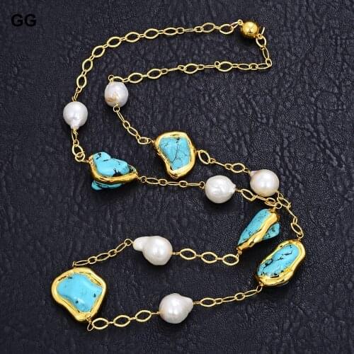 GuaiGuai Jewelry 32" Natural White Keshi Pearl Blue Turquoise Stone Yellow Gold Color Plated Long Necklace For Women