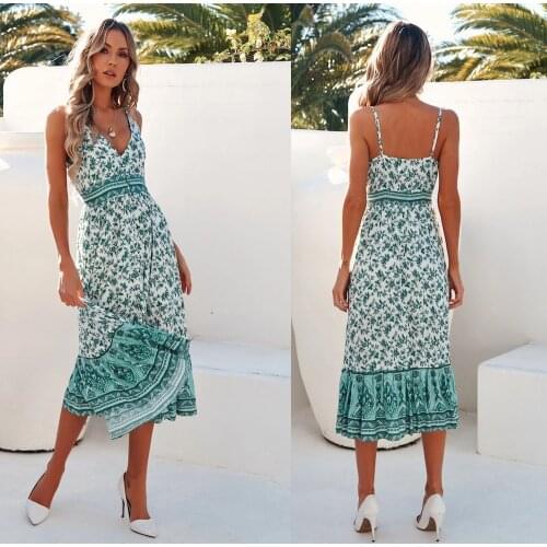 Womens clothing new european and american sexyVCollar printed waist slimming sling large swing dress