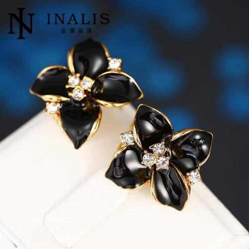 INALIS Fashion Rose Gold Color black Rose Flower Crystal Earring girls New fashion earrings for women gift E740