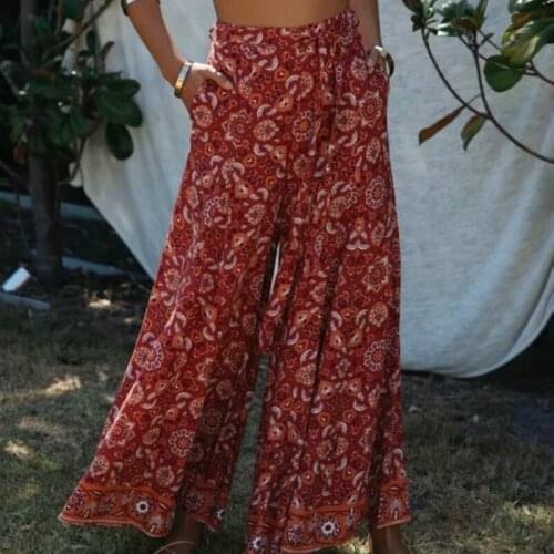 Happie Queens women floral print wide leg Bohemian happie pants ladies sashes loose rayon Boho long pants oversize