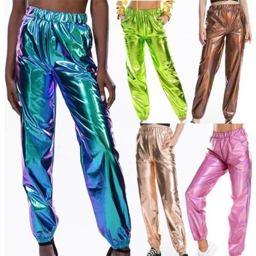 Women Sweatpants Shiny Pocket Baggy Pants Causal Loose Sports Elastic Waist Trousers Hip Hop Party Clubwear Streetwear Plus Size