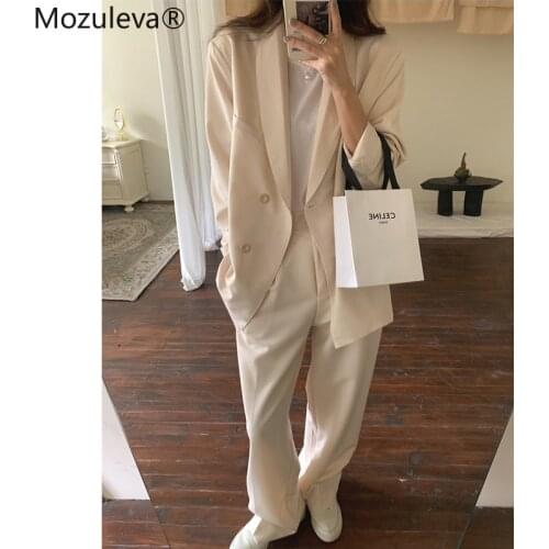 Mozuleva Loose 2 Pieces Ladies Blazer Set Long Sleeve Single-breasted Jacket Wide Leg Pants 2021 Autumn Women Trousers Suits