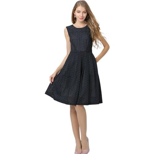 Womens Black Printed Pattern Round Neck Sleeveless Waist A-Line Knee-Length Dress Summer Ladies Elegant Casual Party Dress