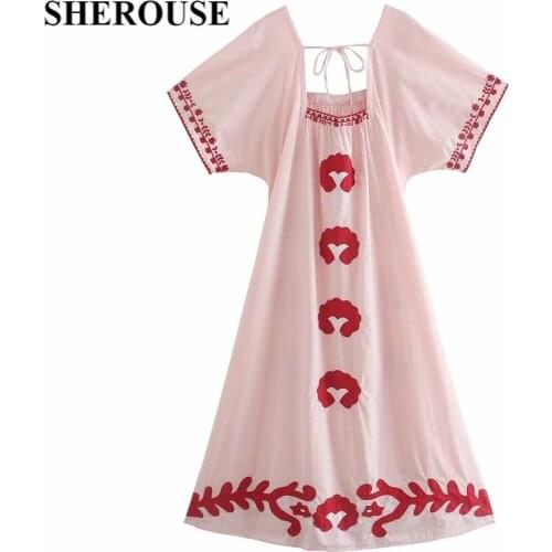 SHEROUSE 2021 Vintage Women Printed Dress Short Wide Sleeves Square Neck Fashion Chic Lady Woman Maxi Long Dresses Robe