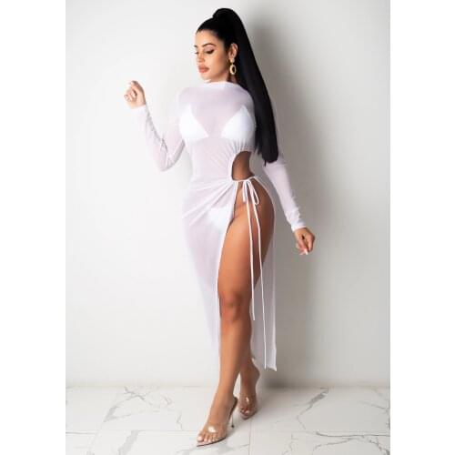 2021 Beach Dresses Womens Sheer Mesh Dress Sexy See Through Long Sleeve Tie Knot Cut Out Long Maxi Dress