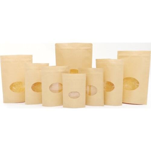 50pcs/lot Brown Zipper Kraft Paper Bags Oval Standup Gift Packaging Bag For Foods Candy Coffee Jewelry Ziplock Bag Free Shipping