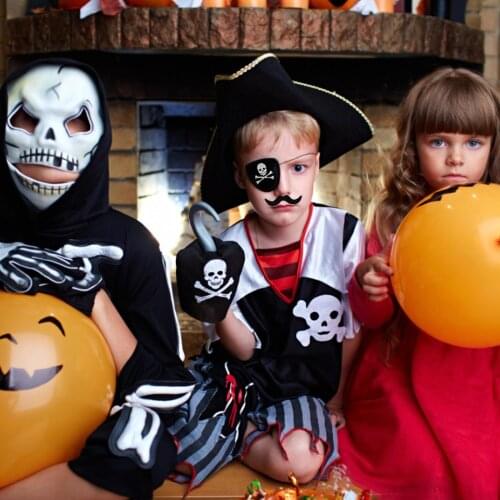Besegad Halloween Pirate Party Supplies Set Pirate Headscarf Hook Inflatable Knife Earrings Eye Masks Fake Mustache for Kids