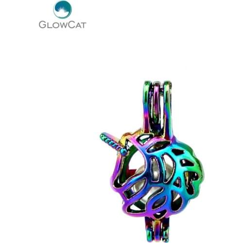 C453 5pcs/lot Rainbow Color 26mm Horn Unicorn Cage Pendant Pearl Locket Fairytale Party Essential Oil Diffuser