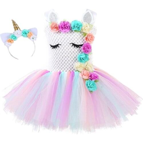 2019New Tutu Dress Girl Queen Unicorn Cosplay Lovely Princess Dress Kids Flower Design Halloween Party Cosplay Costumes Birthday