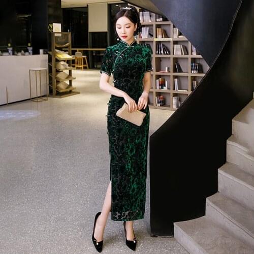 Long Green Sexy Oversize 3XL 4XL Chinese Dress Women Velour Qipao Autumn New Slim Cheongsams Vintage Evening Party Vestidos