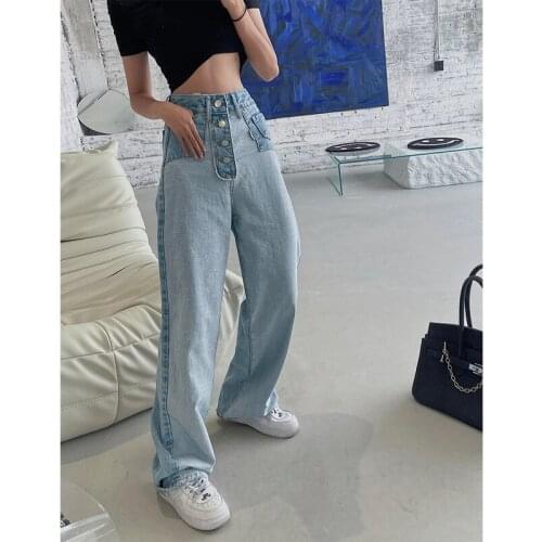 High Waist Buttons Jeans Loose Foe Women Panelled Denim Pants Y2K Wide Leg Jean Trousers Pockets Vintage Patchwork P017