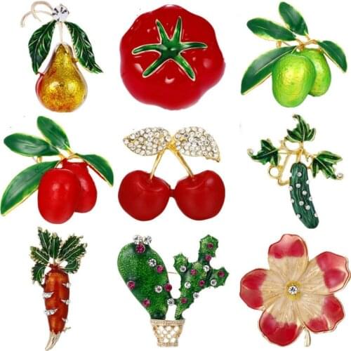 New Fruit Plant Flowers Enamel Pin and Brooches Cherry Blueberries Crystal Brooch Dress Shirt Lapel Pins for Women Jewelry