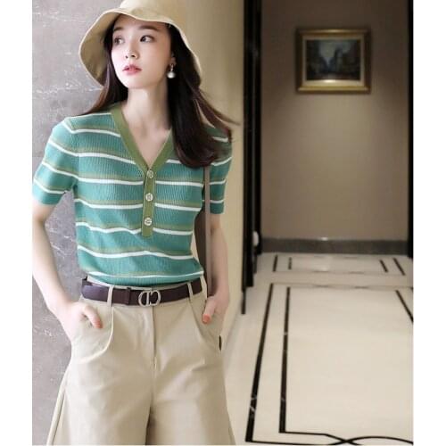 Short-sleeved t-shirt women summer new style striped v-neck cotton and linen knitted vest small fresh with high waist pants top