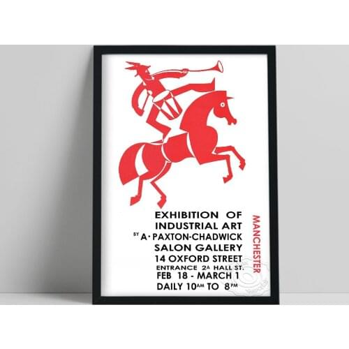 Chadwick Artwork English Exhibition Vintage Poster, Industrial Wall Art, Black White Red Horse Man Print, Minimalism Home Deocr