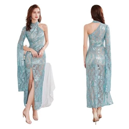 Lace sequin evening dress new micro penetration lace Sequin embroidery party long split dress temperament woman