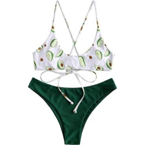 Summer Ladies Split Swimwear Set Adults Women Leisure Style Creative Avocado Printing Lace Up Sexy Backless Bikini Swimsuit