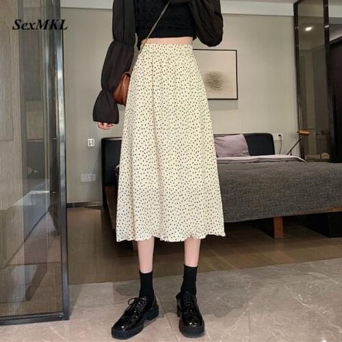 Summer Pleated Long Skirts Womens 2021 Fashion High Waist A Line Vintage Dot Printed Skirt Korean Clothes Harajuku Black Skirt