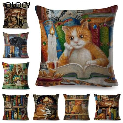 Cute Book Cat Party Cushion Cover Throw Pillowcase Home Decor Cartoon Animal for Sofa Linen Square Printing Cojines Pillow Case