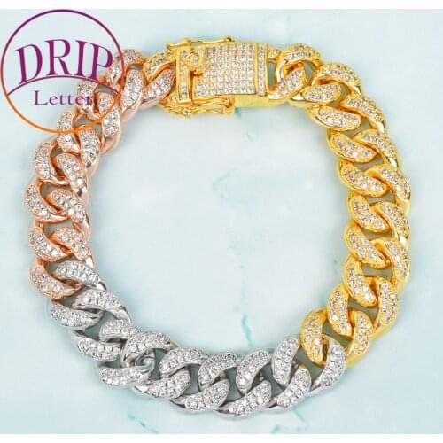 AAA Zircon Mixed Color Miami 12mm Cuban Chain Bracelet Mens Hip Hop Colorful Bracelets Jewelry 7" 8" 9"