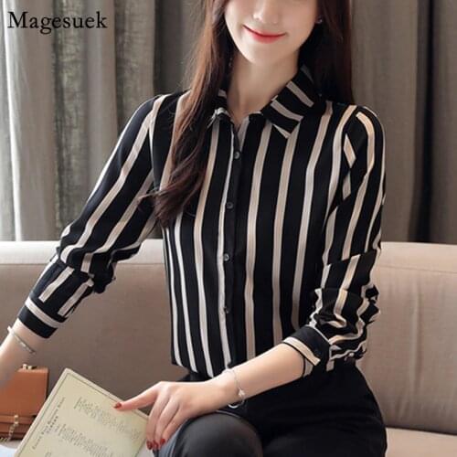 New Arrival Plus Size Women Shirts Blouses Long Sleeve Striped Turn-down Collar Chiffon Blouse Women Office Lady Casual Top 5983