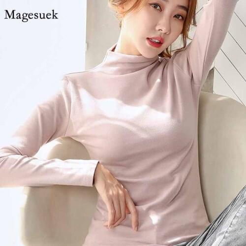 Half High Collar Cotton Long Sleeve T-shirt Autumn Korean Style Slim Bottoming Shirts for Women Inner Tops Woman Tshirts 11562