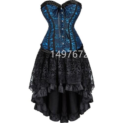 Sapubonva Gothic Floral Lace up Corset Dress Showgirl Clubwear Lingerie Costume Burlesque Corset and Skirt Set Exotic Womens