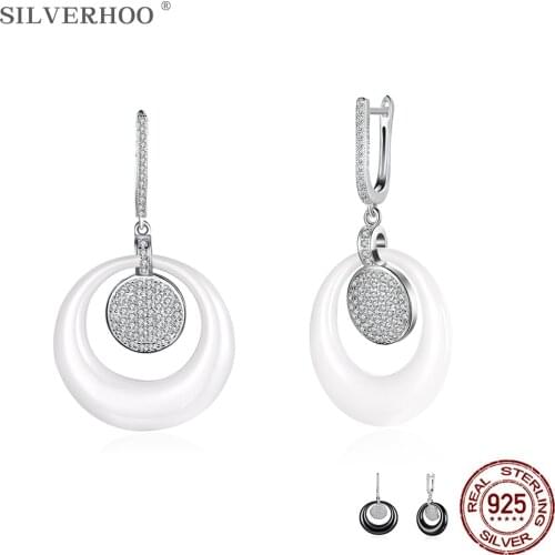 SILVERHOO Luxury Cubic Zirconia Earrings For Women 925 Sterling Silver Circle Ceramics Drop Earring Elegant Female Party Jewelry