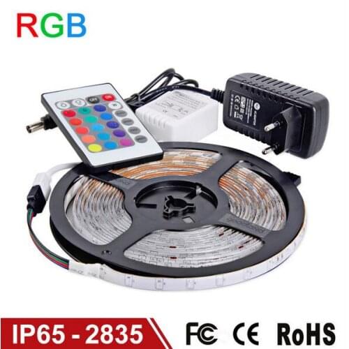 RGB LED Strip Light Waterproof IP65 60LEDs/m 5M 2835 SMD Flexible RGB Lights LED Tape IR Remote Controller 12V 2A Power Supply