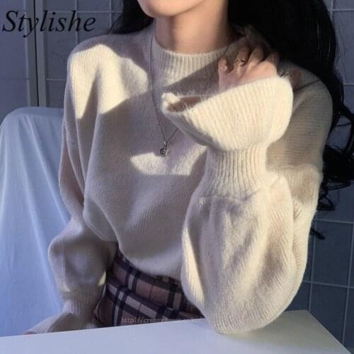 Thick Women Sweater Autumn Winter 2021 Loose Knitted Sweaters Flare Long Sleeve Turtleneck Female Pullovers Purple Yellow Jumper