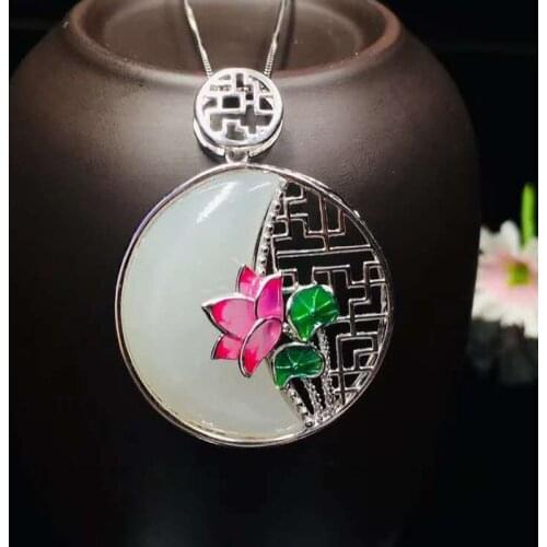 Fine Jewelry Natural HeTian Jade Carved Chinese Pendant Beautiful 925 Silver Flower Amulet Lucky Pendant Necklace