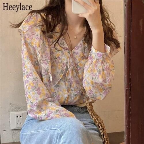 Blouses Women Prairie Style Chiffon Printing Casual Florals 2021 Streetwear Chic Blouses Sweet Retro Slim Femme Prom Tops Shirts