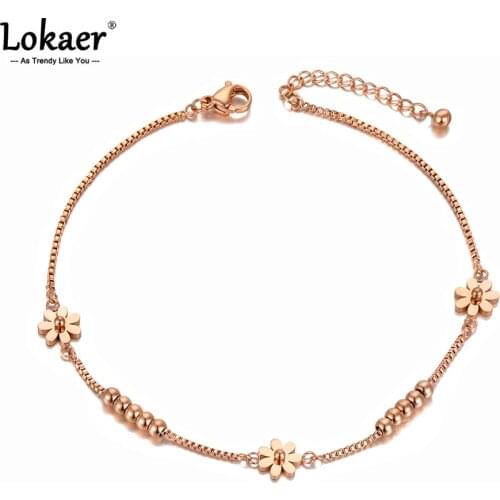 Lokaer Fashion Bohemia Titanium Stainless Steel Small Daisies Charm Anklets For Women Summer Beach Box Chain Foot Jewelry A21006