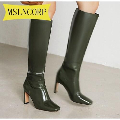Plus Size 34-48 Knee High Boots Mid-Calf Heels Women Winter Shoes Fashion Boots Elegant Long Boots Female Pointed Toe Leather